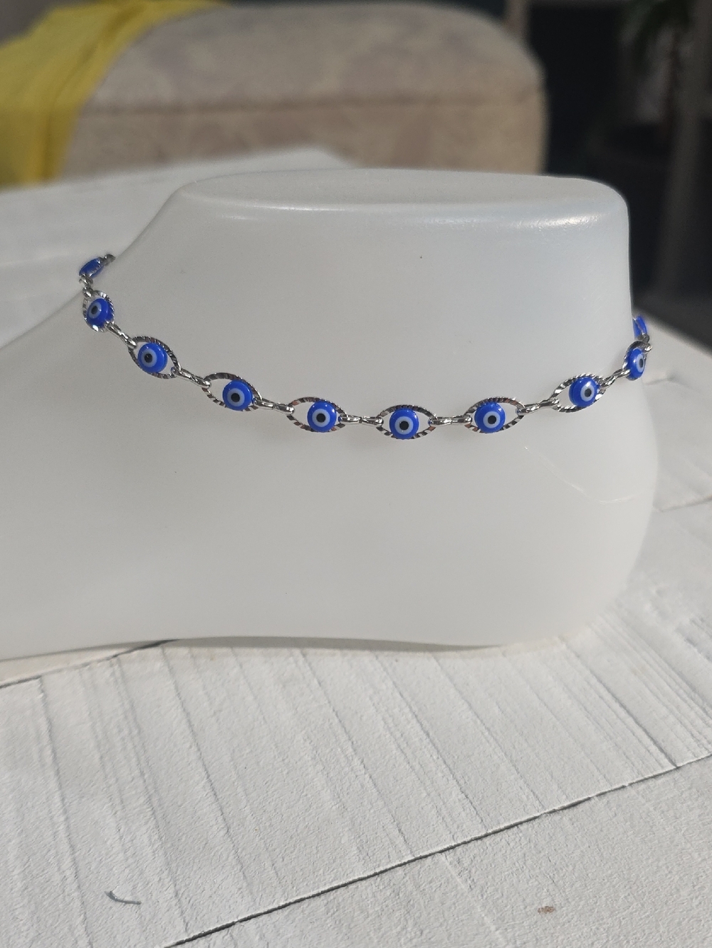 Stainless Steel Blue Evil Eye Ankle Chain Bracelet — Silver Accent